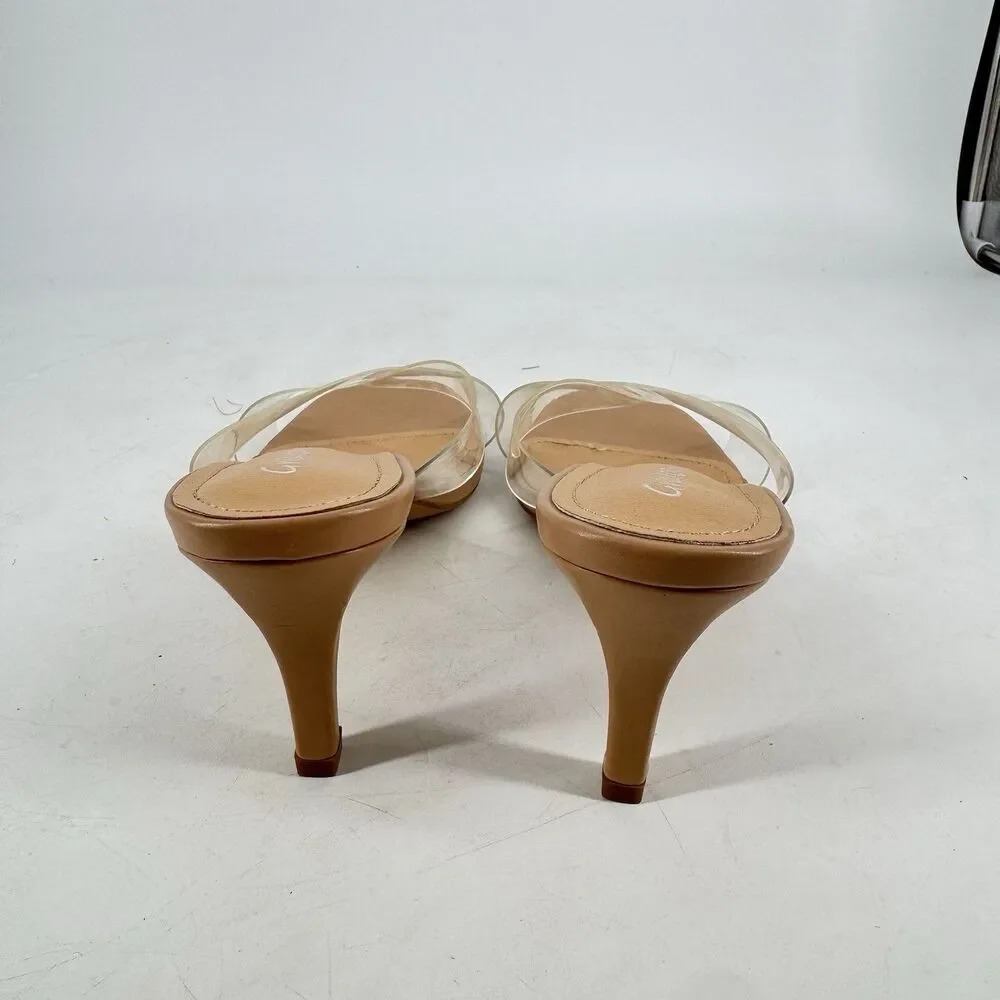 Greatonu Women’s Size 9 Clear Strap Heeled Sandals Nude Tan Square Toe